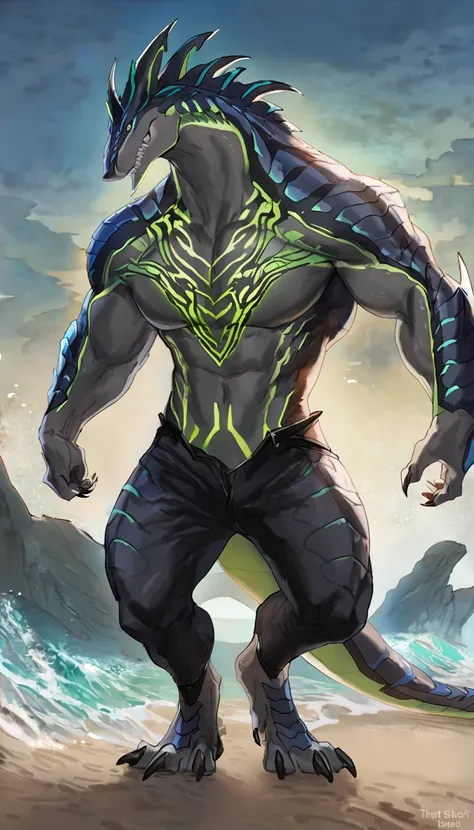 shark, anthro shark, gray belly, black and blue hands and fins, black back, solo, big arms, koholasaurus from genshin impact, wearing pants, lizard shark hybrid, detailed scales, glowing green tattoos on the body,  proporcional body, wide chest, wide neck,...