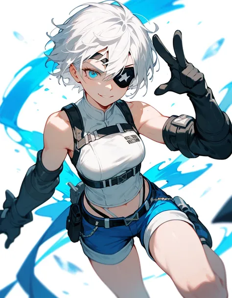 girl,Short hair,White hair, in blue eyes, eyes patch, left eye blind , White Sleeveless Top, shorts, wear gloves,Respect ,Stand up straight,