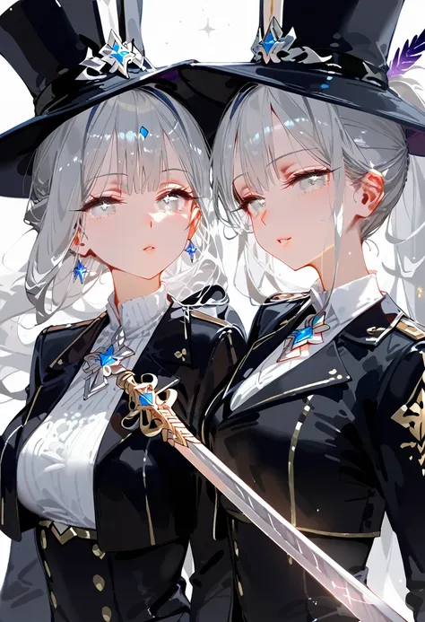 Two intimate women, celestial twins, long silver Hair，One a ethereal light sorceress the other an ethereal shadow sword saint. Sexy white woman, two tone black & silver hair, glowing silver eyes, black or white outfit with silver framed gemstones. white an...