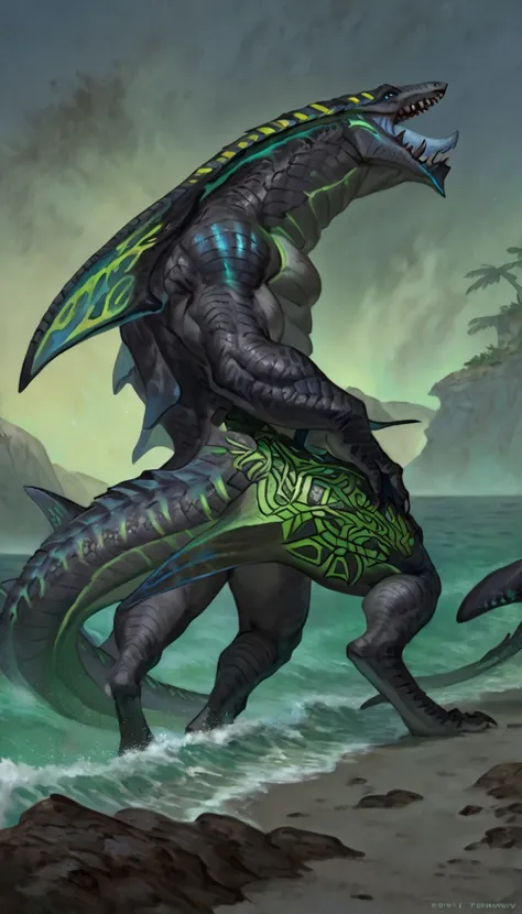 shark, anthro shark, gray belly, black and blue hands and fins, black back, solo, big arms, koholasaurus from genshin impact, wearing pants, lizard shark hybrid, detailed scales, glowing green tattoos on the body,  proporcional body, wide chest, wide neck,...