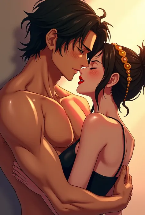 Portgas d Ace. From the anime, Masculine body. Aces abs. No shirt, in portgas d. Ace. Portgas d. Ace. Please add Freckles is portgas d. aces face. His black weavy hair. Smile softly. Closed eyes. Profile picture. Cuddle With a black hair girl. Girl with re...