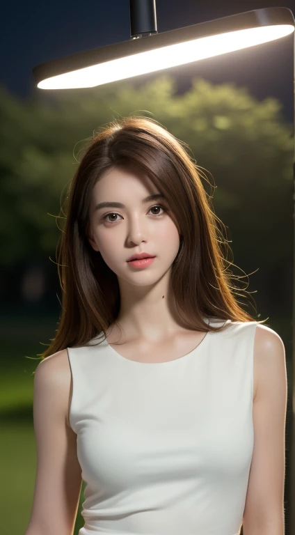 ((Realistic lighting,  best quality, 8k,  Masterpiece: 1.3)), , clear focus : 1.2, 1 girl,  perfect beauty: 1.4,  slim belly : 1.1, ((  dark brown hair  )), ( White Sleeveless Top: 1.4), (outdoor, nighttime: 1.1), Park view,  Delicate Face , Beautiful eyes...