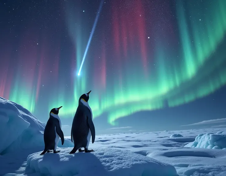 氷河の上空で AuroraとMeteor Showerの競演、Galaxies can also be seen , Amazingly Penguins Look Up at the Sky,Meteor Shower, Aurora, Aurora,Meteor Shower,((masterpiece,  best quality,  High Quality ,  high definition ,  photorealistic ,  RAW Photos,  Highly Detailed CG...