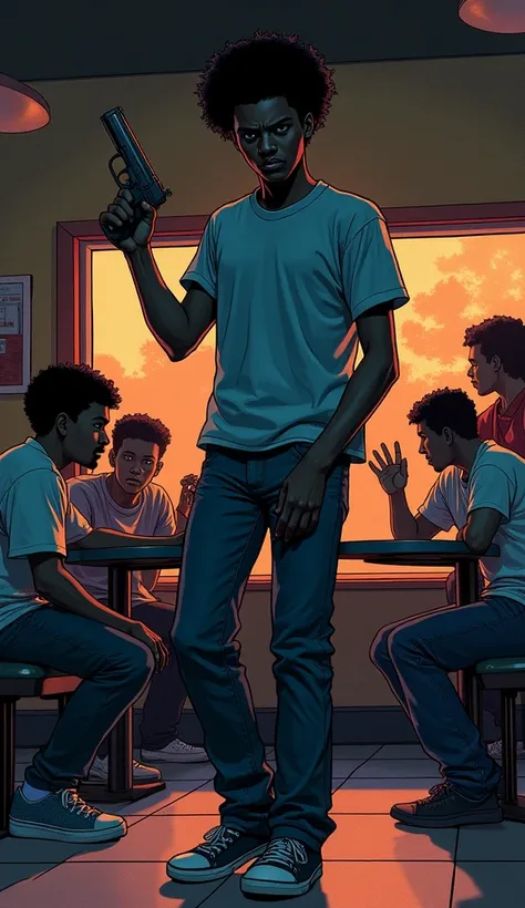 Old school comic  illustration,  Nathan Dunlap A young Black male, 19 years old, average build, short afro haircut, intense and brooding expression. A tense and shadowed Chuck E. Cheese interior with Nathan holding a handgun. His face is grim, and victims ...