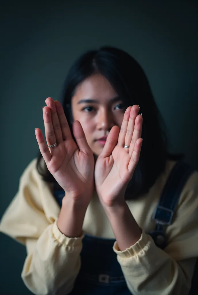 portrait photograph, young woman showing her hands and fingers making the shh gesture sign, with the fingers perfectly positione...