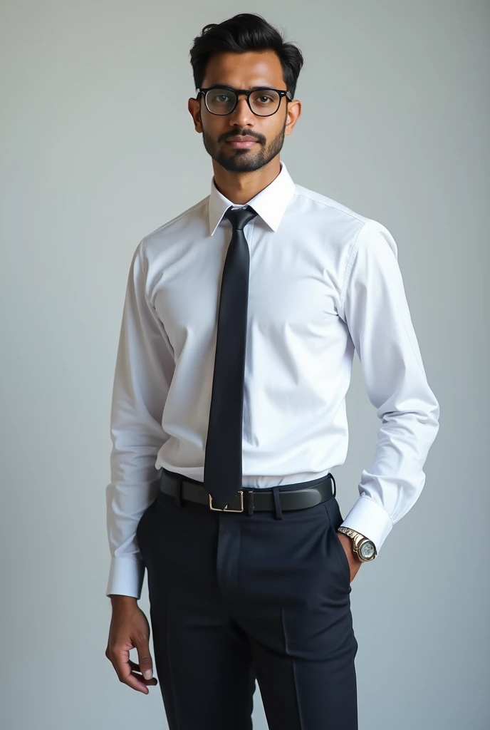 25 year old Indian boy with fair skin wearing
Spectacles and narrow body posing  for linkedin  picture in formals