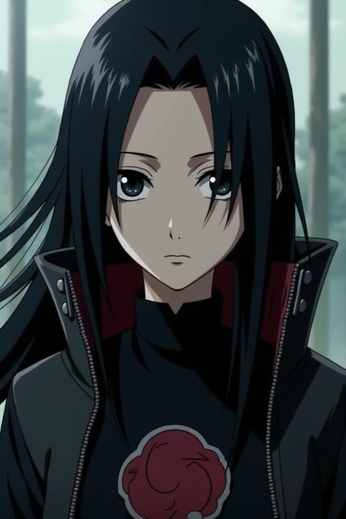  Akemi has long, black hair with a soft and wavy texture ,  similar to those of Kakashi . His eyes are deep and black,  with the Sharingan pattern when activated . your skin is fair,  slightly darker than that of Sasuke .  She shows a serious face ,  but w...