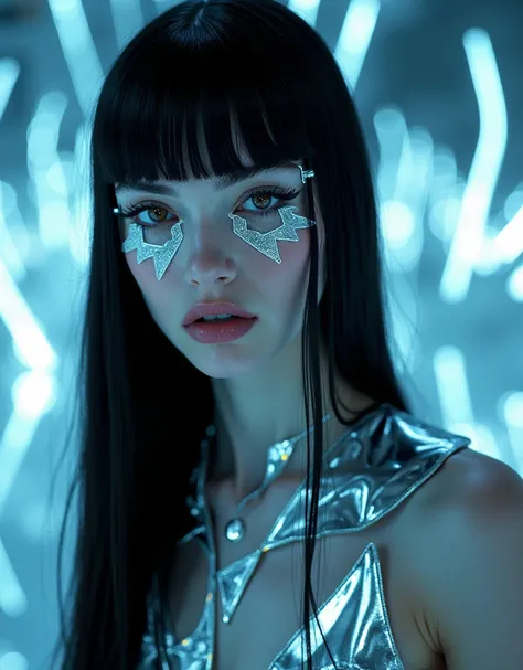 20-year-old, white-skinned, long black hair, Russian model, beautiful teeth alignment,A high-fashion editorial in full color, set in a futuristic mirrored chamber illuminated by glowing kinetic sculptures and refracted beams of light. The medium close-up s...