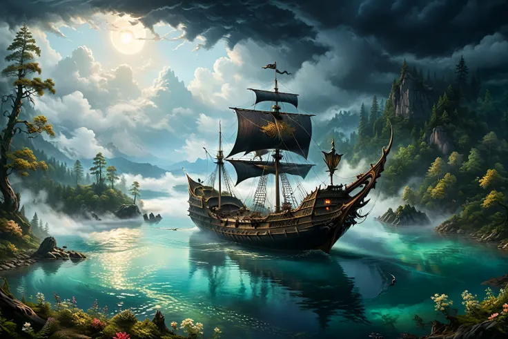 The mouth of the river , , a medieval sailing ship, galleon, sails across the water ,  A latrine figure on a ship in the form of a mermaid , (decoration)  on the bow of the galleon .  Highly detailed painting with Aivazovsky colors.  The night sky is cover...