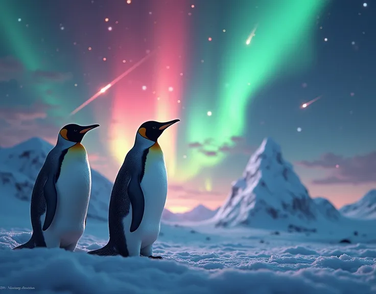 氷河の上空で AuroraとMeteor Showerの競演、Galaxies can also be seen , Amazing penguins look up at the sky,Surprised penguins opening their mouths 、Meteor Shower, Aurora, Aurora,Meteor Shower,((masterpiece,  best quality,  High Quality ,  high definition ,  photoreali...