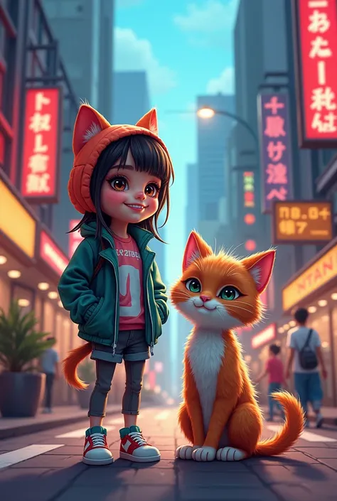 painting of a male cat and a girl standing on a city street, beeple and jeremiah ketner, jazza and rossdraws, furry art, loish and ross tran, very very beautiful furry art, street wears, cat furry, stylized urban fantasy artwork, by Ignacio Zuloaga, cats, ...