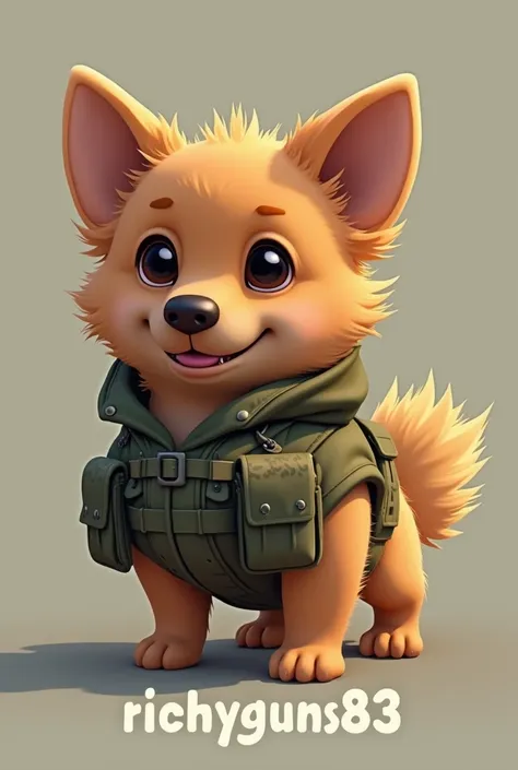  Create me an animated image of a cross between a dachshund and a Pomeranian, That this dog is military and that underneath it there are the letters Richyguns83 