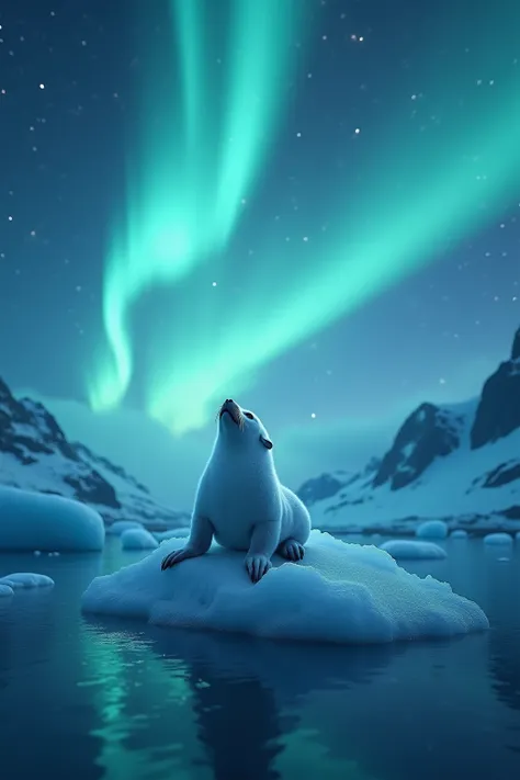 generate images of epic landscape, iridescent Aurora Over the Glacier, baby seal on the glacier, the baby seal is looking up aurora , aurora light on the baby seal, Images must be of the highest quality with cinematic lighting and 16K resolution. Great att...