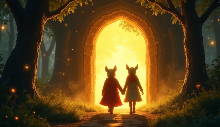 The  two ren happily walking back through the magical door, with the enchanted forest glowing warmly behind them.