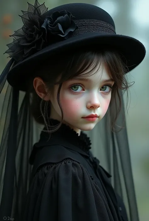 A young girl .  She has a black hat on her head .  Black tulle hanging from behind this hat.  Young girl in mourning dresses .  Young girl has an oval and white face . Young girls eyes are green . 