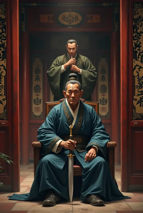 Draw a picture of an antique-faced young man sitting in a house  ,  in front of a house with a general standing with a daggers chin pointing straight into the house. The room in front of the photo is an ancient Chinese antique
