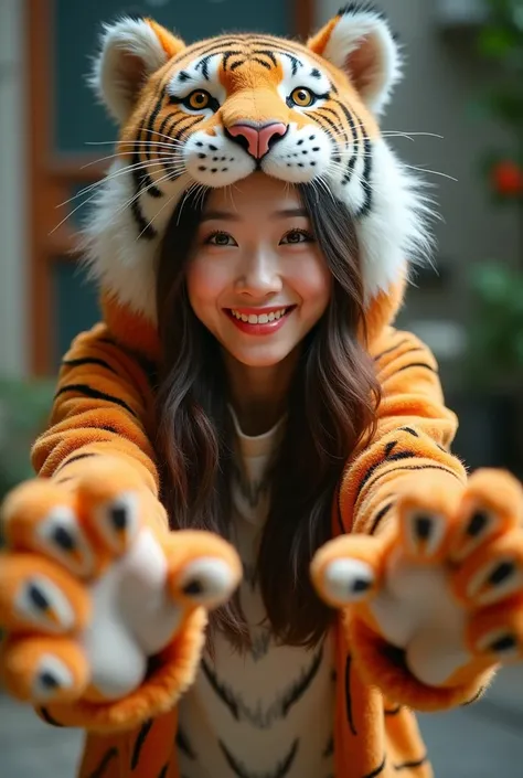 Cute Asian woman 20 years old, wearing a tiger costume, beautiful face showing, big eyes, huge smile, fake whiskers. Her hands /paws up facing viewer, stance like shes about to pounce! Vicious look but warm hearted 