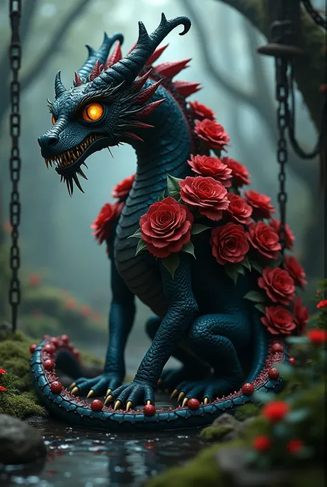 Red Roses gothic black dragon with yellow stripes glowing eyes scary beautiful whiskers sharp teeth spikes sharp clathes water forest chains long soft fur 