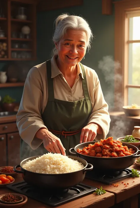 Mama cooking rice and alot of meat