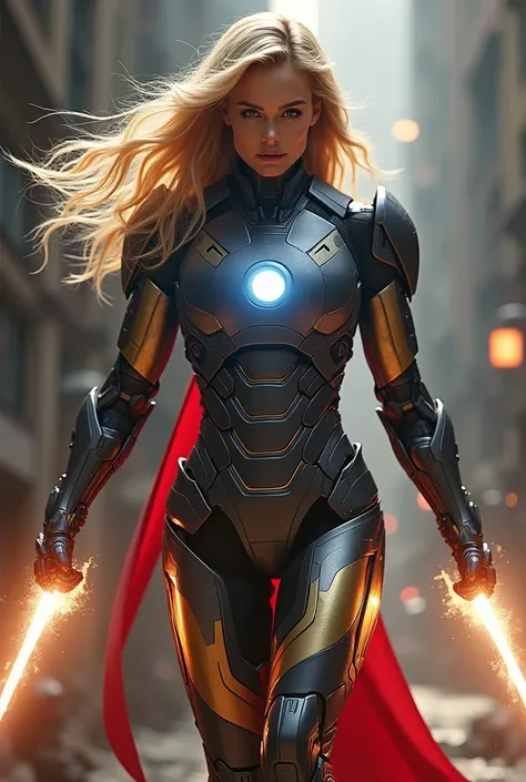 a female version of iron man, blonde hair with black highlights, incredibly detailed and realistic, full metal body armor with glowing blue reactor in center of chest, flowing red and gold metallic suit, intense glowing eyes, flowing red hair, powerful sta...