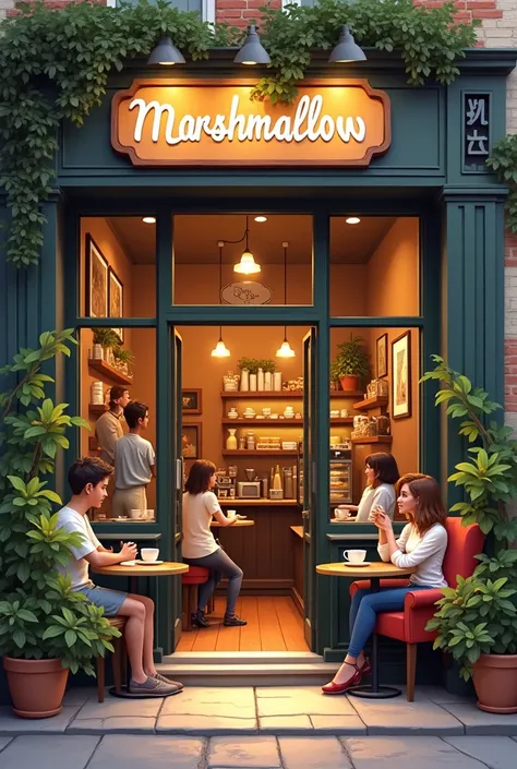 Cozy coffee shop, with the name “Marshmallow” ,  that people pass by