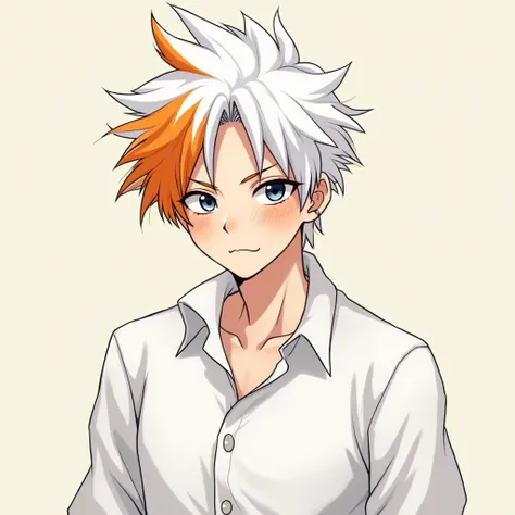 a cartoon image of a guy with white hair with an orange streak and a white shirt, an anime drawing inspired by Itō Ogura Yonesuke, tumblr, shin hanga, orange - haired anime boy, handsome guy in demon slayer art, male anime character, trigger anime artstyle...