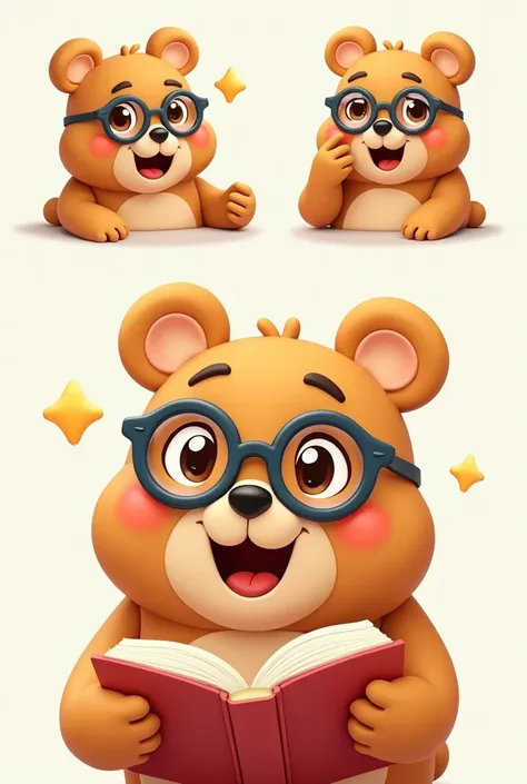 mascot simple for an educational institution with an appropriate theme bear cute stylized three emotions three options A bear with glasses is reading a book