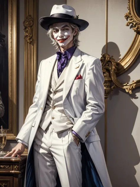 Semi realism painting, Elegant Vibes, Joker Smiling Wide, Using White Outfit Suit, Using White Hat, Hands In Pocket