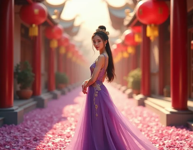 Create a stunning scene of a beautiful young woman wearing a traditional purple dress with gold embroidery, standing confidently on a walkway covered in purple rose petals. The scene is a Chinese-style street decorated with red lanterns and the warm golden...