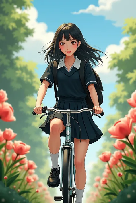 A beautiful Korean woman wearing black long haired school clothes and bangs is riding a bicycle wearing a backpack and wearing shoes there are beautiful flowers smiling sweetly 