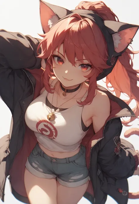 Red Hair、Cat ear hood、 girl、 black jacket 、 ponytail、Shorts， red eye color 