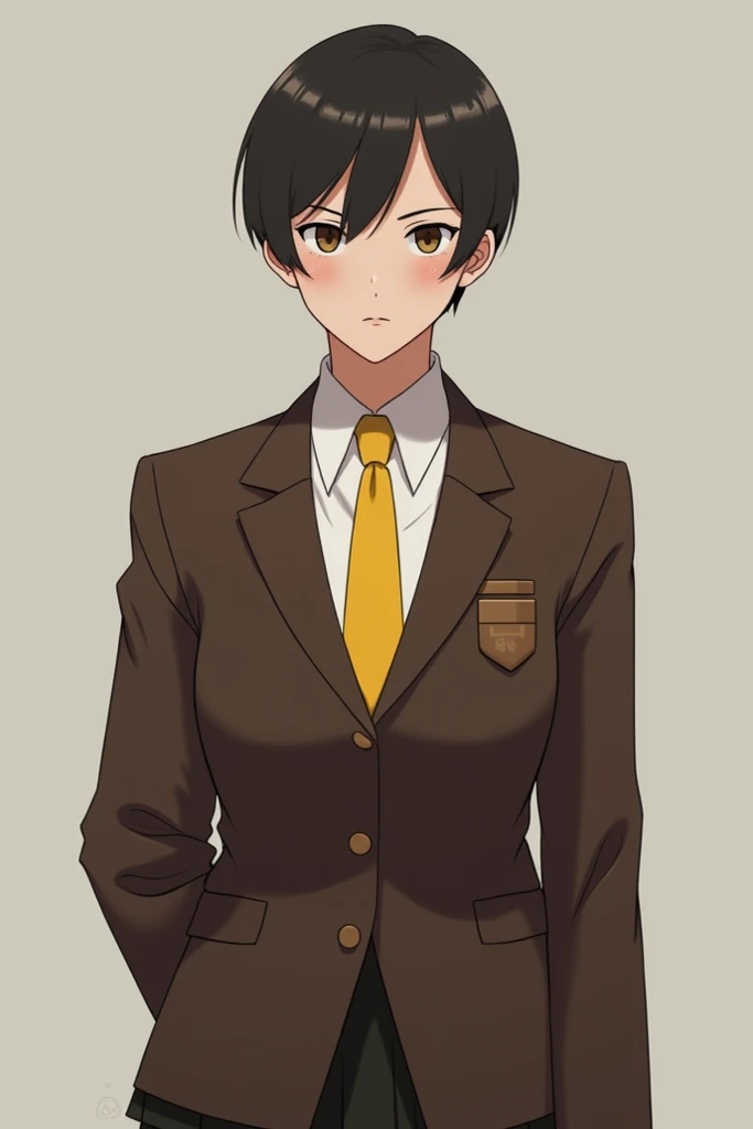 Masc girl in a brown uniform and yellow necktie
