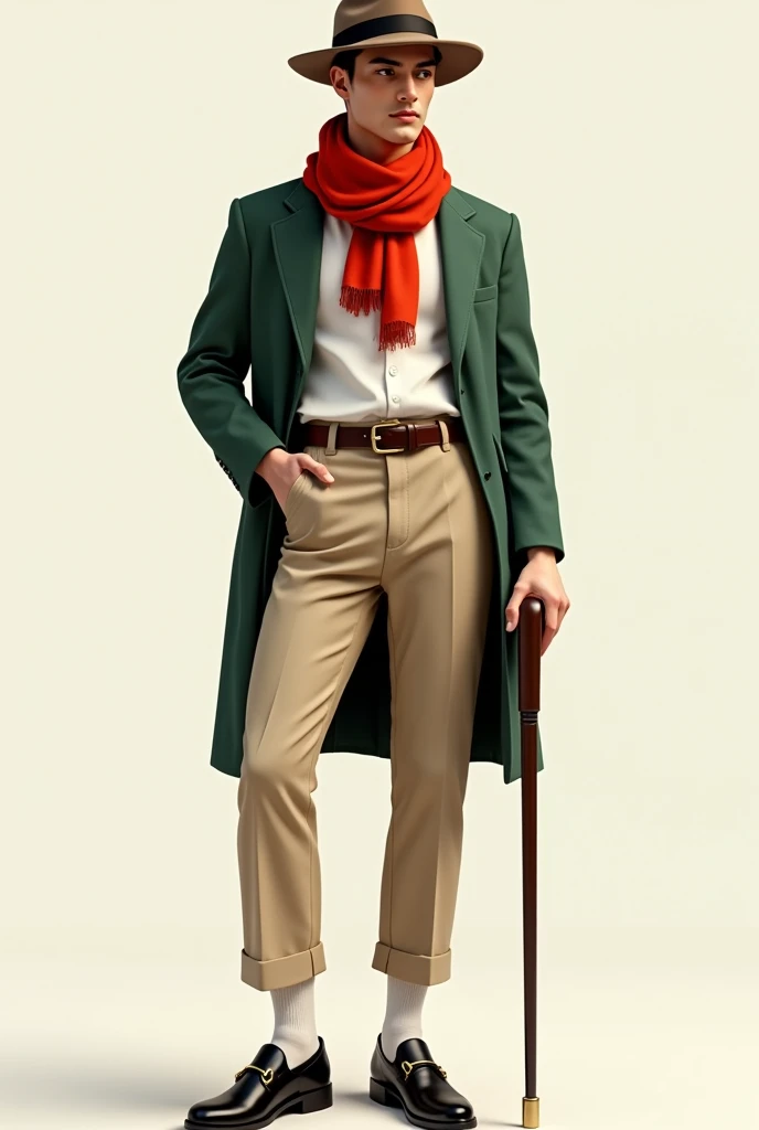 Young man wearing beige pants,  black shoes, white socks that can be seen,  white shirt ,  green jacket,  red scarf around his neck, hat and cane  