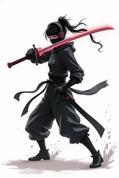 Female ninja wields a sword
Ink painting drawn with a simple black brush
, The background is pure white、 wearing headphones 、neon blade