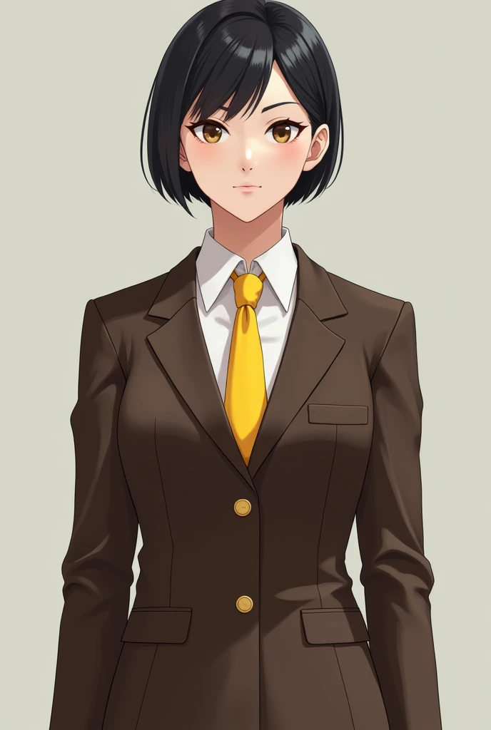 Masc girl in a brown uniform and yellow necktie
