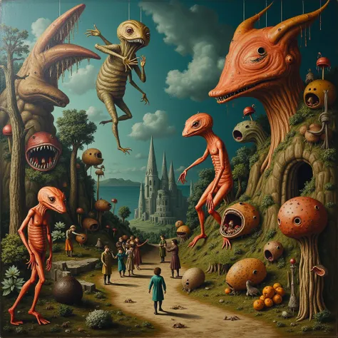 A surreal and fantastical scene in the style of painters of the Netherlandish painting school. The landscape is filled with bizarre creatures, strange organic structures, and otherworldly environments. Other strange beings interact in a dreamlike, yet nigh...