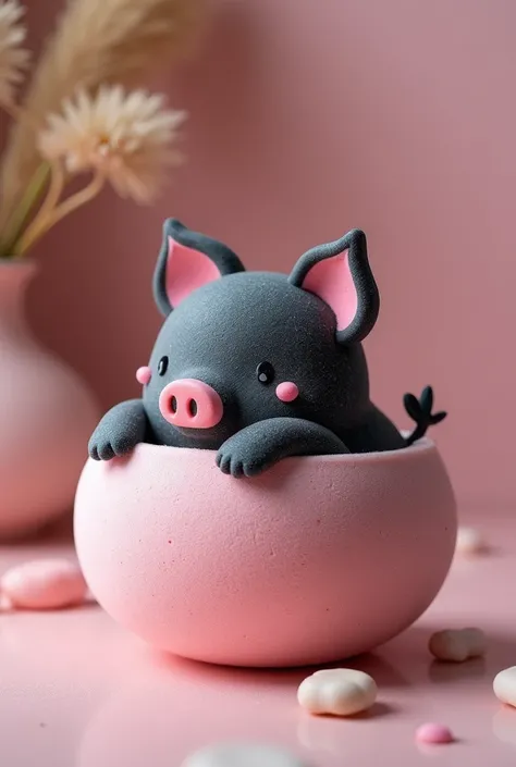 A cute pink round bath bomb in the shape of a black pig