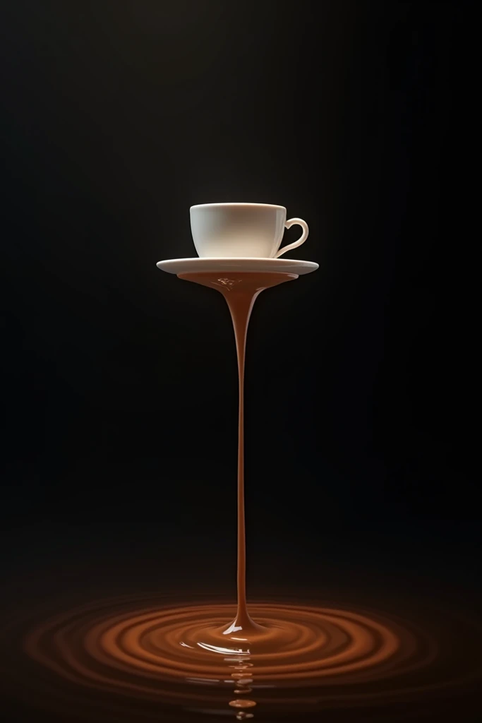 Image with a coffee cup  with coffee flowing beneath the cup. Full black background