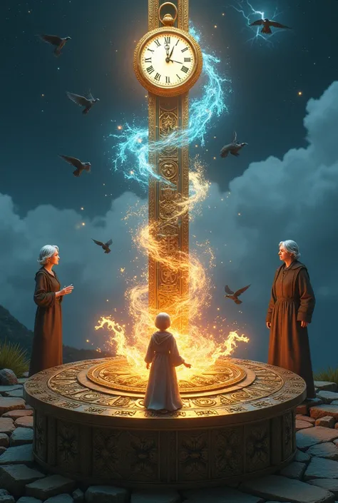 A bronze platform with embossed symbols and rotating gears, functioning as a time machine emitting magical light. At the center, a pillar of elemental magic with fire, water, wind, and rock swirling around a suspended pocket watch powered by glowing crysta...