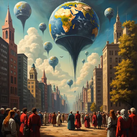 A wide painting depicting an alien invasion of planet Earth, blending multiple art traditions. The scene showcases futuristic alien ships descending from the sky, casting shadows over modern cities, while elements of classical art, surrealism, cubism, and ...