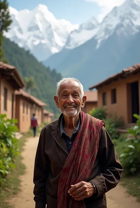 a nepali old man in smiling in village
