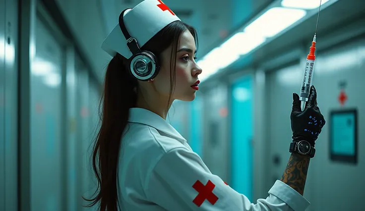 cyberpunk Hospital, working in a hospital with the most advanced technology、A very stylish and beautiful female cyborg nurse, (holding a big syringe_With your arms raised above your head, armpit exposure: 1.7), ((Nurse uniform exposed, Nurse&#39;s hat and ...