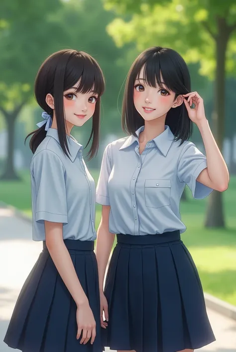 Masterpiece, 8k.uhd., realistic, high resolution, 2 Thai women,18 years old, white skin. wearring same uniform ,shirt ,navy-blue skirt ,belt ,Girl1 has short straight black hair, smiling , standing, running a hand through her hair. girl2 has short dark bro...