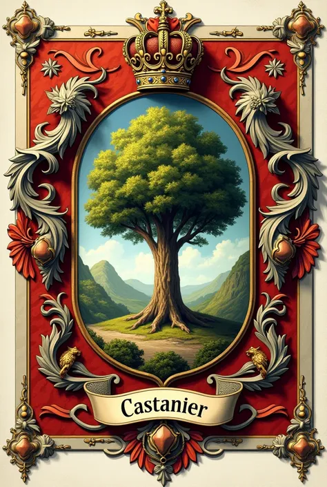  Created a French royal family coat of arms, with a chestnut tree as a symbol , le nom de famille est "Castanier  "  write it below.