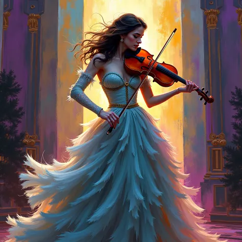 A digital illustration of a stunning lady, ethereal, embodying Baroque opulence with Cubist disarray, her flowing Renaissance gown clashing with Art Deco geometry. She stands, a figure of Impressionist blur, playing a violin painted in Post-Impressionist b...