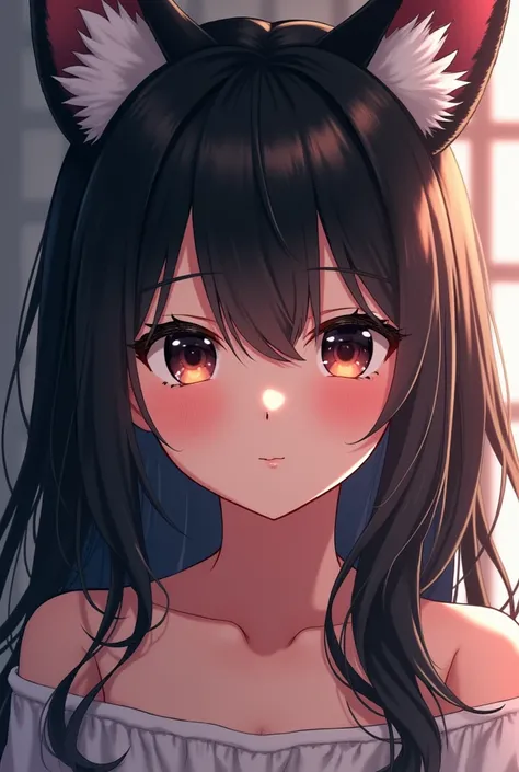 An anime girl has a bright black hair color and a clear black eye color and a fox ears on top of her head 
She is my wife 