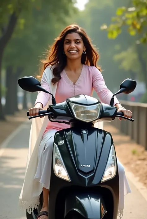 1 Hot Punjabi woman driving black Activa scooty , laughing ,wearing wet Women light pink Pure Cotton tight light Kurta and white loose haryanvi salwar with white Dupatta , curvy model, beautiful model girl, perfect body, sexy girl, wearing tight shirt, lov...