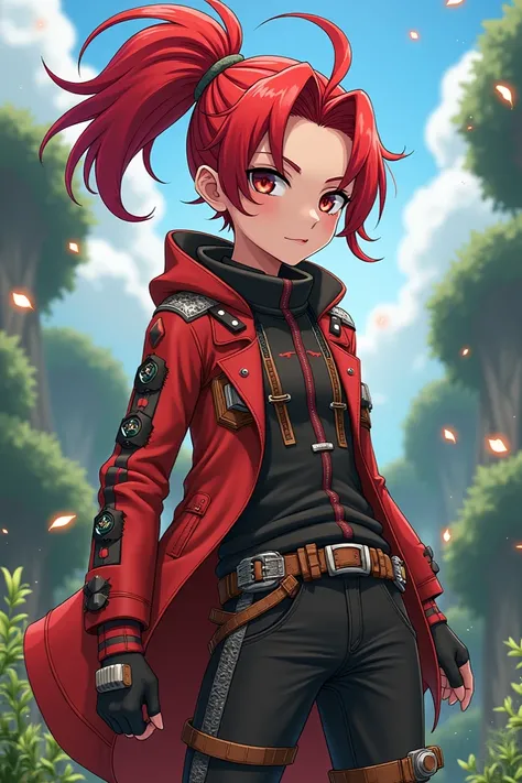  A Hunter x Hunter character with red short hair ( ponytail) And a crazy outfit 