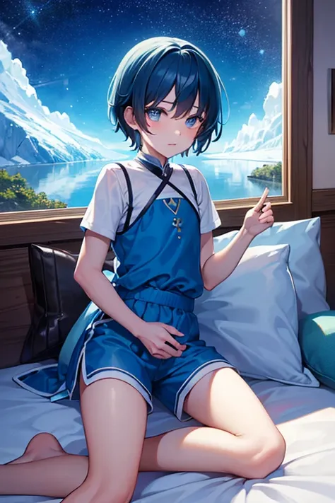 young boy wearing blue tunic and shorts in aurora over the glacier, (beautiful detail eyes), ((best quality)), ((masterpiece))