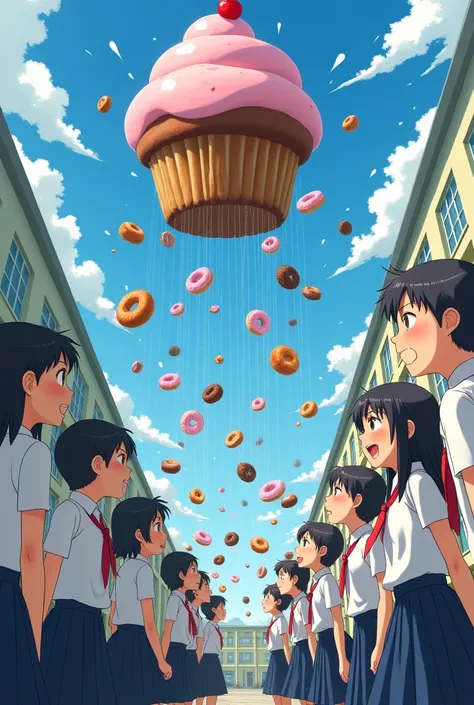  Make an elongated image of the rain of donuts and cupcakes in a preparatory school and the students wearing white shirts and blue pants very happy, scared, surprised and very expressive, some of them eating cupcakes are also very expressive and upstairs t...